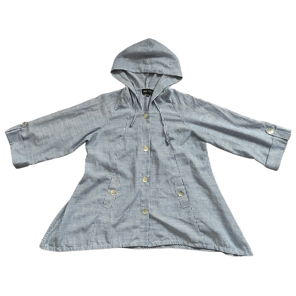 Jones New York Blue White Striped Linen Blend Hooded Button-Up Coat Size XL